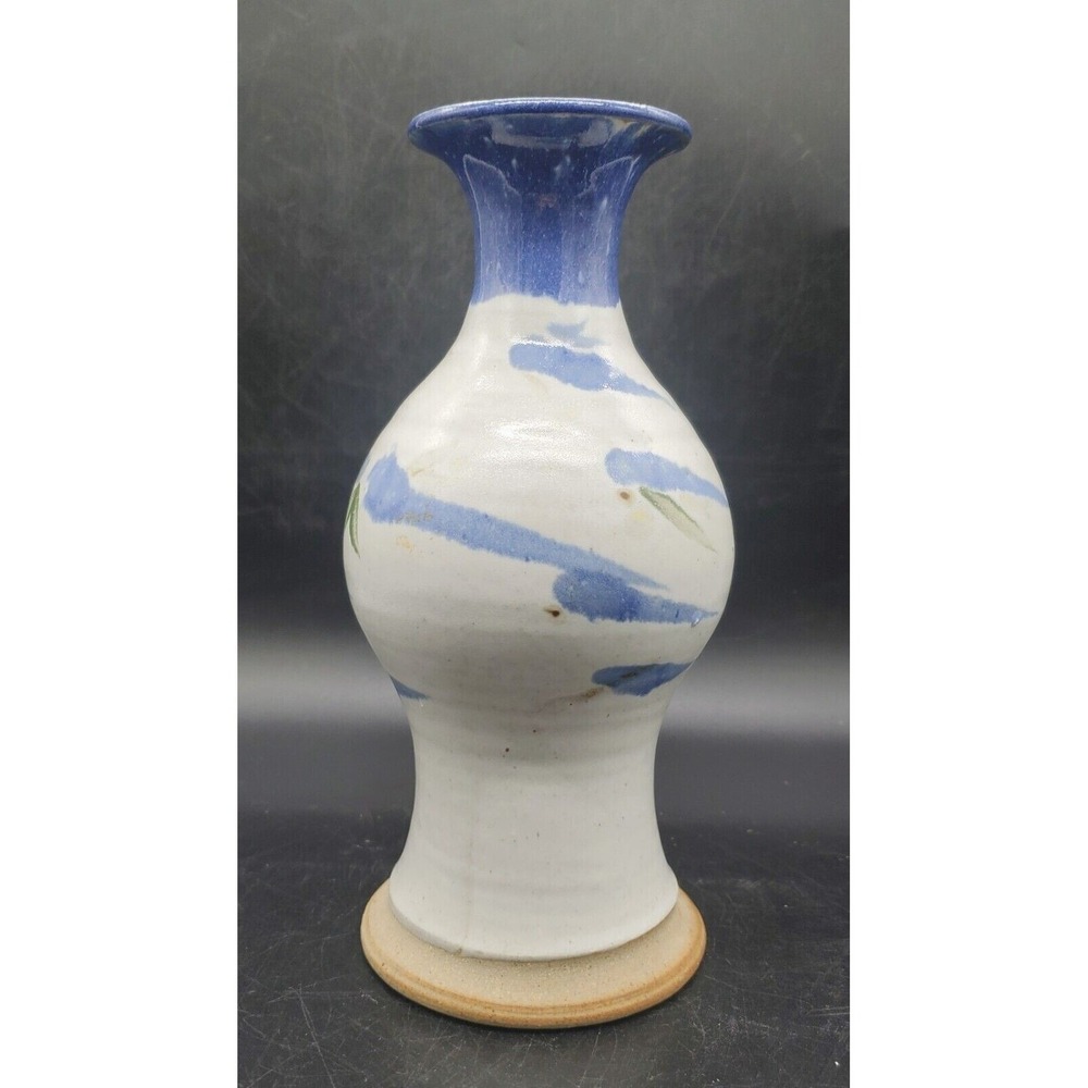 Vintage Scituate Pottery Stoneware Vase White Blue 9.5" Signed